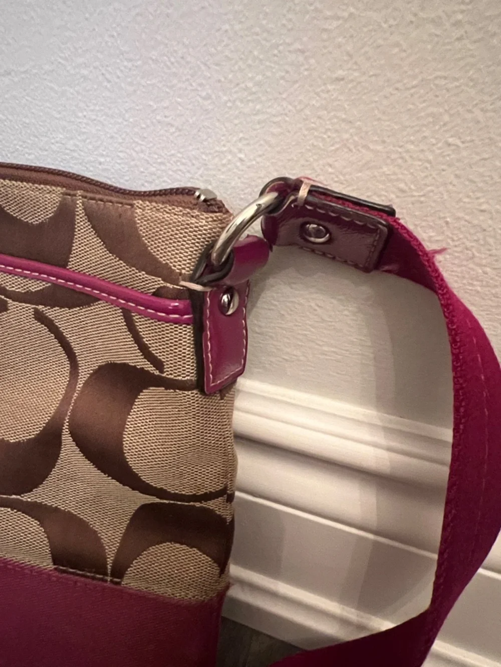 Coach Brown Signature Crossbody with Pink Trim and Pom Charm - Picture 4 of 11